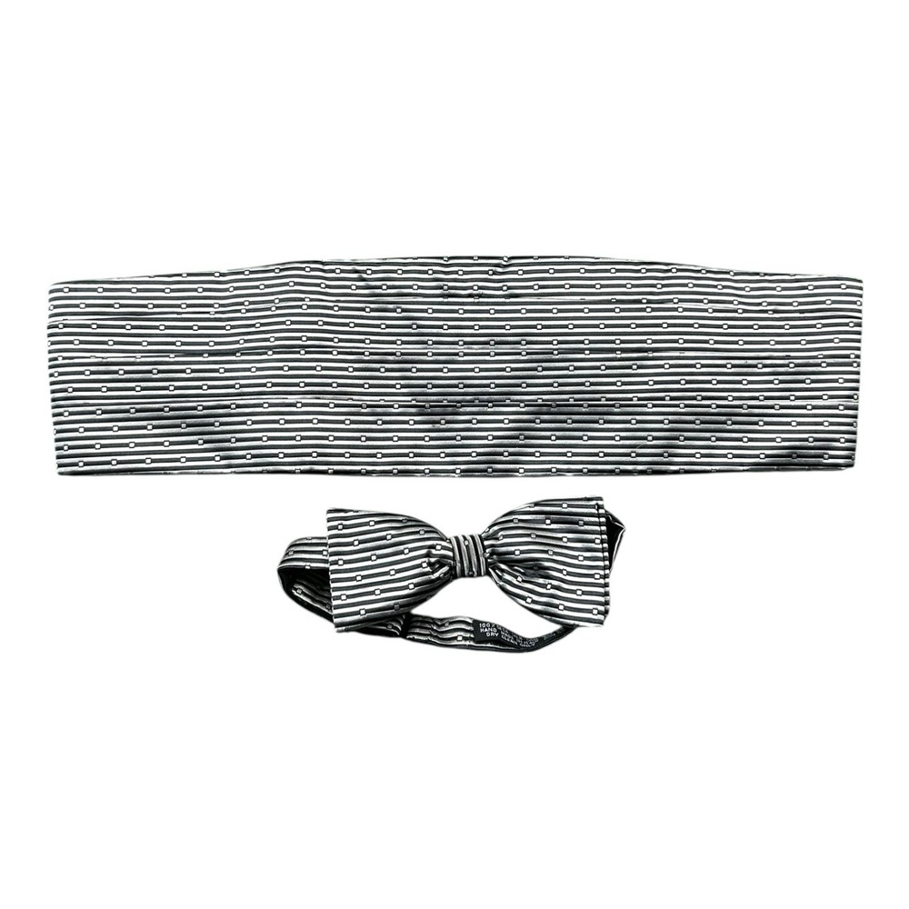Brioni Pleated Silver Black Dot AOP Cummerbund Bow Tie Pure‎ Silk Set Dapper